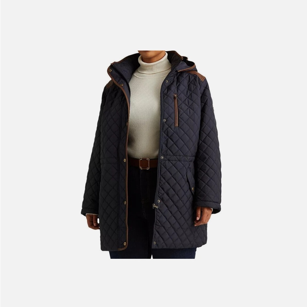 Ralph Lauren Black Label Quilted Hooded Puffer Coat in Navy with Brown Trim